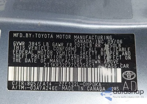 2007 Toyota Matrix z USA, uszkodzony, nr VIN 2T1KR32E27C635651